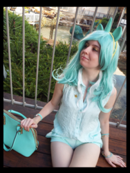 Size: 3456x4608 | Tagged: safe, artist:krazykari, lyra heartstrings, human, g4, 2017, clothes, cosplay, costume, high res, irl, irl human, photo, purse, sitting, solo