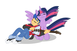 Size: 2965x1957 | Tagged: safe, artist:bbbhuey, flash sentry, twilight sparkle, alicorn, human, equestria girls, g4, couple, eyes closed, female, guitar, human flash sentry x pony twilight, interspecies, love, male, ship:flashlight, shipping, simple background, straight, twilight sparkle (alicorn), white background
