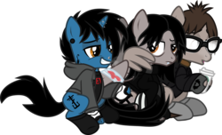Size: 1626x992 | Tagged: safe, artist:lightningbolt, derpibooru exclusive, pegasus, pony, unicorn, g4, .svg available, annoyed, bags under eyes, bandage, bandaged wing, blood, blowing, breath, broken wing, brothers, butt touch, clandestine industries, clothes, coffee, cold, ear piercing, fangs, fingerless gloves, foggy glasses, frank iero, frown, gauges, gerard way, glasses, gloves, grin, hair over one eye, hood, hoodie, hoof hold, hoof on butt, horn, horn piercing, hug, irritated, jacket, lidded eyes, lip piercing, looking back, male, mikey way, molestation, my chemical romance, nose piercing, open mouth, piercing, ponified, raised hoof, scarf, shirt, show accurate, simple background, sitting, smiling, smug, socks, stallion, steam, story included, svg, tattered, tattoo, three cheers for sweet revenge, transparent background, trio, undershirt, vector, wing hands, winghug, wings, zipper