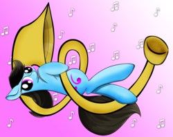 Size: 5366x4250 | Tagged: safe, artist:miragepotato, beauty brass, pony, g4, absurd resolution, female, gradient background, music notes, musical instrument, solo, tuba