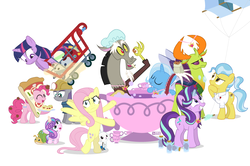 Size: 949x630 | Tagged: safe, artist:dm29, angel bunny, discord, doctor fauna, fluttershy, maud pie, pinkie pie, princess flurry heart, starlight glimmer, thorax, trixie, twilight sparkle, whammy, alicorn, changedling, changeling, pony, a flurry of emotions, all bottled up, celestial advice, fluttershy leans in, g4, rock solid friendship, anger magic, bipedal, bottled rage, cinnamon nuts, cup, equestrian pink heart of courage, food, hat, helmet, jalapeno red velvet omelette cupcakes, king thorax, kite, magic, mining helmet, pizza costume, pizza head, reformed four, shopping cart, shower cap, simple background, stingbush seed pods, teacup, that pony sure does love kites, that pony sure does love teacups, the meme continues, the story so far of season 7, this isn't even my final form, twilight sparkle (alicorn), wall of tags, white background