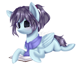 Size: 3490x2922 | Tagged: safe, artist:midnightdream123, oc, oc only, oc:dream, pegasus, pony, blushing, book, female, high res, mare, prone, simple background, solo, transparent background