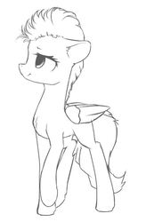 Size: 412x627 | Tagged: safe, artist:freeedon, oc, oc only, pegasus, pony, female, folded wings, looking away, looking up, mare, monochrome, raised hoof, sketch, solo, walking