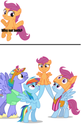 Size: 904x1384 | Tagged: safe, artist:deadparrot22, artist:limedazzle, artist:nouseyourname, bow hothoof, rainbow dash, scootaloo, windy whistles, pegasus, pony, g4, parental glideance, sleepless in ponyville, clothes, cute, cutealoo, family, female, filly, male, mare, multicolored hair, old el paso, rainbow dash's parents, reaction image, scootalove, ship:windyhoof, show accurate, shrug, simple background, smiling, stallion, unshorn fetlocks, vector, white background, why not both