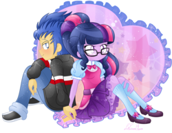 Size: 1280x989 | Tagged: safe, artist:pinkprincessblossom, flash sentry, sci-twi, twilight sparkle, equestria girls, g4, blushing, bowtie, clothes, cute, female, glasses, hair bun, jacket, looking back, male, mary janes, pants, ship:flashlight, ship:sci-flash, shipping, shoes, sitting, skirt, smiling, sneakers, socks, straight, twiabetes