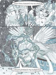 Size: 1024x1365 | Tagged: safe, artist:tillie-tmb, princess celestia, alicorn, pony, comic:the amulet of shades, g4, comic, crying, cut, elements of harmony, female, glass, limited palette, magic, solo, spread wings, wings