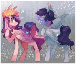 Size: 5024x4224 | Tagged: safe, artist:tamyarts, oc, oc only, alicorn, pegasus, pony, absurd resolution, colored wings, female, floral head wreath, flower, giggling, mare, multicolored wings