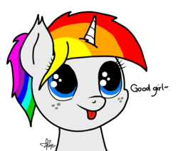 Size: 1276x1080 | Tagged: safe, artist:php142, oc, oc only, oc:prisma watercolor, pony, :p, aggie.io, cute, freckles, looking up, ponytail, rainbow hair, solo, tongue out
