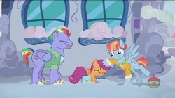 Size: 1280x720 | Tagged: safe, screencap, bow hothoof, scootaloo, windy whistles, pegasus, pony, g4, parental glideance, female, filly, foal, male, mare, noogie, petting, rainbow dash's parents, scootalove, ship:windyhoof, stallion