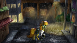 Size: 900x501 | Tagged: safe, artist:aschenstern, oc, oc only, earth pony, pony, building, clothes, commission, door, lamppost, open mouth, rain, raised hoof, smiling, solo, street, window