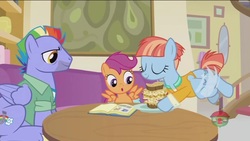 Size: 1280x720 | Tagged: safe, screencap, bow hothoof, scootaloo, windy whistles, pony, g4, parental glideance, food, pasta and potato sandwich on sourdough, rainbow dash's parents, sandwich, scrapbook, ship:windyhoof, table