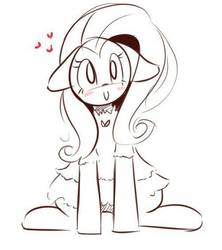 Size: 500x562 | Tagged: safe, artist:pinkieeighttwo, fluttershy, pony, g4, blushing, c:, clothes, cute, dress, female, floppy ears, monochrome, shyabetes, sitting, sketch, smiling, solo