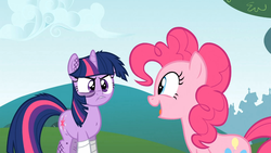 Size: 1365x768 | Tagged: safe, screencap, pinkie pie, twilight sparkle, pony, feeling pinkie keen, g4, angry, bandage, exhausted, happy, injured, messy mane