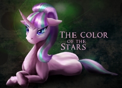 Size: 1000x724 | Tagged: safe, artist:akurion, starlight glimmer, pony, fanfic:the color of the stars, g4, curved horn, fanfic, fanfic art, fanfic cover, female, floppy ears, horn, lying down, mare, prone, sharp horn, solo, text, unshorn fetlocks