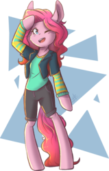 Size: 1138x1794 | Tagged: safe, artist:myralilth, pinkie pie, earth pony, anthro, unguligrade anthro, g4, arm hooves, clothes, female, mare, one eye closed, open mouth, shirt, shorts, smiling, solo, wink