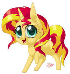 Size: 760x800 | Tagged: safe, artist:unisoleil, sunset shimmer, pony, unicorn, g4, chibi, cute, female, looking at you, mare, open mouth, raised hoof, shimmerbetes, simple background, solo, transparent background