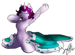 Size: 1280x954 | Tagged: dead source, safe, artist:shellielle, oc, oc only, oc:royal word, unicorn, anthro, anthro oc, armpits, barbie doll anatomy, blanket, commission, cute, eyes closed, male, open mouth, signature, simple background, solo, stallion, stretching, waking up, yawn