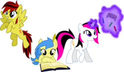 Size: 3480x2015 | Tagged: safe, artist:audiobeatzz, oc, oc only, oc:daylight, oc:google chrome, oc:radiant, pegasus, pony, unicorn, book, browser ponies, controller, female, flying, high res, joystick, magic, mare, pencil, prone, reading, simple background, transparent background, vector