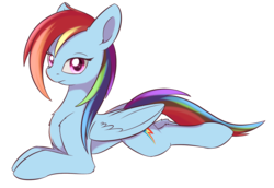 Size: 1194x822 | Tagged: safe, artist:dusthiel, rainbow dash, pegasus, pony, g4, backwards cutie mark, chest fluff, colored pupils, female, looking at you, mare, multicolored hair, prone, simple background, solo, transparent background