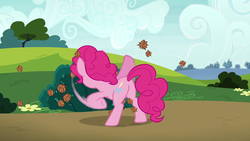 Size: 1280x720 | Tagged: safe, screencap, pinkie pie, earth pony, pony, g4, rock solid friendship, back of head, balloonbutt, butt, female, mare, plot, solo, stingbush seed pods