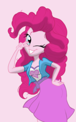 Size: 1200x1920 | Tagged: safe, artist:theroyalprincesses, pinkie pie, equestria girls, g4, boobs and butt pose, breasts, cleavage, clothes, cute, female, one eye closed, peace sign, pose, rear view, skirt, solo, wink