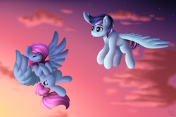 Size: 3000x2000 | Tagged: safe, artist:spirit-dude, oc, oc only, pony, cloud, commission, duo, eyes closed, female, flying, high res, male, mare, sky, smiling, spread wings, stallion, sunset, twilight (astronomy), wings