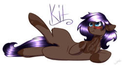 Size: 1024x550 | Tagged: safe, artist:bubbles906, oc, oc only, oc:kit, earth pony, pony, blushing, legs in air, pouting, solo