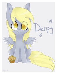 Size: 1116x1440 | Tagged: safe, artist:blossom-wish, derpy hooves, pegasus, pony, g4, cute, derpabetes, female, food, heart eyes, mare, muffin, simple background, sitting, smiling, solo, spread wings, wingding eyes, wings