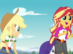 Size: 966x720 | Tagged: safe, screencap, applejack, rarity, sunset shimmer, equestria girls, g4, my little pony equestria girls: legend of everfree, camp everfree outfits, clothes, cropped, embrace the magic, eyes on the prize, mountain, shorts, tree