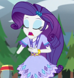 Size: 600x630 | Tagged: safe, screencap, rarity, equestria girls, g4, my little pony equestria girls: legend of everfree, animation error, bracelet, camp fashion show outfit, cropped, eyes closed, female, jewelry, lantern, open mouth, solo, tree