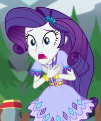 Size: 500x600 | Tagged: safe, screencap, rarity, equestria girls, g4, my little pony equestria girls: legend of everfree, bracelet, cropped, female, hands on breasts, jewelry, lantern, mountain, solo, tree