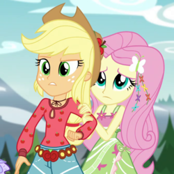 Size: 666x666 | Tagged: safe, screencap, applejack, fluttershy, equestria girls, g4, my little pony equestria girls: legend of everfree, bare shoulders, camp fashion show outfit, clothes, cowboy hat, cropped, female, flower, flower in hair, hat, mountain, sleeveless, tank top, tree