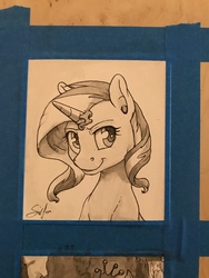 Size: 960x1280 | Tagged: safe, artist:silfoe, sunset shimmer, pony, unicorn, g4, cute, female, looking at you, mare, monochrome, shimmerbetes, smiling, solo, traditional art