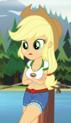 Size: 400x690 | Tagged: safe, edit, edited screencap, editor:ah96, screencap, applejack, equestria girls, g4, my little pony equestria girls: legend of everfree, adorasexy, belly button, breast edit, breasts, busty applejack, camp everfree outfits, cleavage, clothes, cropped, cute, female, jackabetes, midriff, mountain, river, sexy, shorts, solo, tree