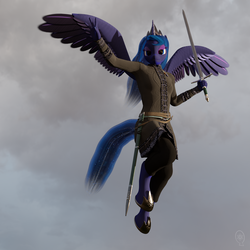 Size: 1280x1280 | Tagged: safe, artist:stellarator, princess luna, alicorn, anthro, unguligrade anthro, g4, 3d, blender, blender cycles, female, flying, hipposandals, jewelry, mare, not sfm, solo, sword, tiara, weapon, wings