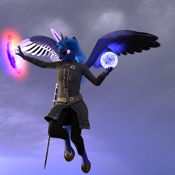Size: 1280x1280 | Tagged: safe, artist:stellarator, princess luna, alicorn, anthro, unguligrade anthro, g4, 3d, blender, blender cycles, female, flying, hipposandals, jewelry, magic, mare, not sfm, solo, sword, tiara, weapon, wings