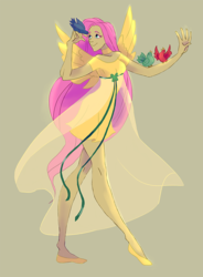 Size: 735x1000 | Tagged: safe, artist:enfant-des-reves, fluttershy, bird, human, g4, clothes, dress, female, humanized, simple background, solo, sundress, winged humanization, wings