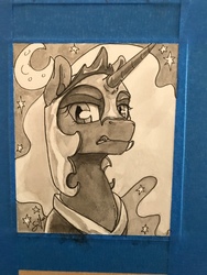 Size: 960x1280 | Tagged: safe, artist:silfoe, nightmare moon, pony, g4, bust, female, monochrome, portrait, sneer, solo, traditional art