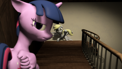 Size: 4800x2700 | Tagged: safe, artist:photomix3r, derpy hooves, twilight sparkle, alicorn, pony, g4, 3d, high res, looking back, poster, shadow, simple, source filmmaker, stairs, twilight sparkle (alicorn), waving