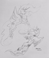 Size: 1714x2048 | Tagged: source needed, useless source url, safe, artist:baron engel, princess celestia, princess luna, alicorn, pony, g4, flying, grayscale, monochrome, pencil drawing, royal sisters, simple background, traditional art, white background