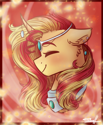 Size: 1390x1676 | Tagged: safe, artist:cloud-drawings, sunset shimmer, pony, unicorn, g4, bust, curved horn, ear piercing, earring, eyes closed, female, horn, horn jewelry, jewelry, piercing, portrait, smiling, solo