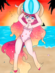 Size: 906x1208 | Tagged: safe, artist:niniibear, oc, oc only, oc:iris, unicorn, anthro, unguligrade anthro, beach, blushing, clothes, cute, female, food, happy, hat, mare, ocean, one-piece swimsuit, sand, smiling, solo, summer, swimsuit, unshorn fetlocks, volleyball