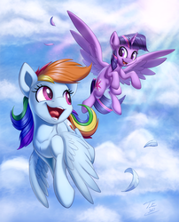 Size: 1200x1487 | Tagged: safe, artist:tsitra360, rainbow dash, twilight sparkle, alicorn, pegasus, pony, g4, art, cloud, collarbone, crepuscular rays, cute, dashabetes, duo, duo female, female, flying, flying buddies, horn, mare, open mouth, open smile, outdoors, signature, sky, smiling, spread wings, twiabetes, twilight sparkle (alicorn), wings