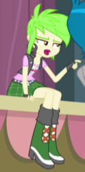 Size: 176x354 | Tagged: safe, screencap, cherry crash, thunderbass, equestria girls, g4, my little pony equestria girls: rainbow rocks, background human, boots, cherry, clothes, cropped, ear piercing, earring, fingerless gloves, food, frown, gloves, high heel boots, jewelry, piercing, plaid, skirt