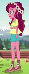 Size: 203x510 | Tagged: safe, screencap, gloriosa daisy, equestria girls, g4, my little pony equestria girls: legend of everfree, clothes, cropped, female, flower, flower in hair, mountain, shoes, shorts, solo, tree
