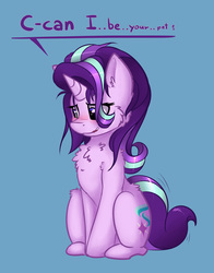Size: 2857x3653 | Tagged: safe, artist:duop-qoub, starlight glimmer, pony, unicorn, g4, asking for it, blue background, blushing, bronybait, cheek fluff, chest fluff, cute, dialogue, ear fluff, female, fluffy, glimmerbetes, high res, looking down, mare, pet glimmer, pet play, shoulder fluff, simple background, sitting, solo