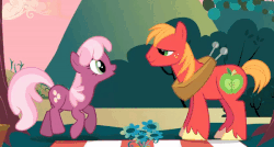 Size: 600x322 | Tagged: safe, screencap, big macintosh, cheerilee, earth pony, pony, g4, hearts and hooves day (episode), animated, gif, male, stallion, trotting, trotting in place