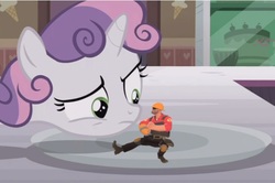 Size: 640x425 | Tagged: safe, edit, edited screencap, screencap, sweetie belle, pony, forever filly, g4, dancing, engineer, kazotsky kick, meme, micro, sweetie's plate, team fortress 2, tf2 engineer, this will end in death, this will end in explosions, tiny desk engineer
