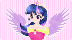 Size: 2250x1250 | Tagged: safe, artist:pacificaharrington, twilight sparkle, human, g4, big crown thingy, clothes, coronation dress, crown, dress, elements of harmony, female, humanized, jewelry, regalia, solo, spread wings, twilight sparkle (alicorn), winged humanization, wings