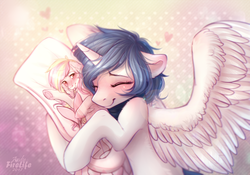 Size: 1000x700 | Tagged: safe, artist:fenwaru, oc, oc only, alicorn, pony, alicorn oc, blushing, body pillow, eyes closed, floppy ears, heart, hug, solo, tongue out